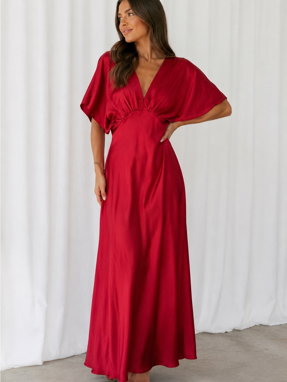 Petal & Pup Ricki Red Satin Maxi Dress S Dolman Sleeve V-Neck Empire Waist
